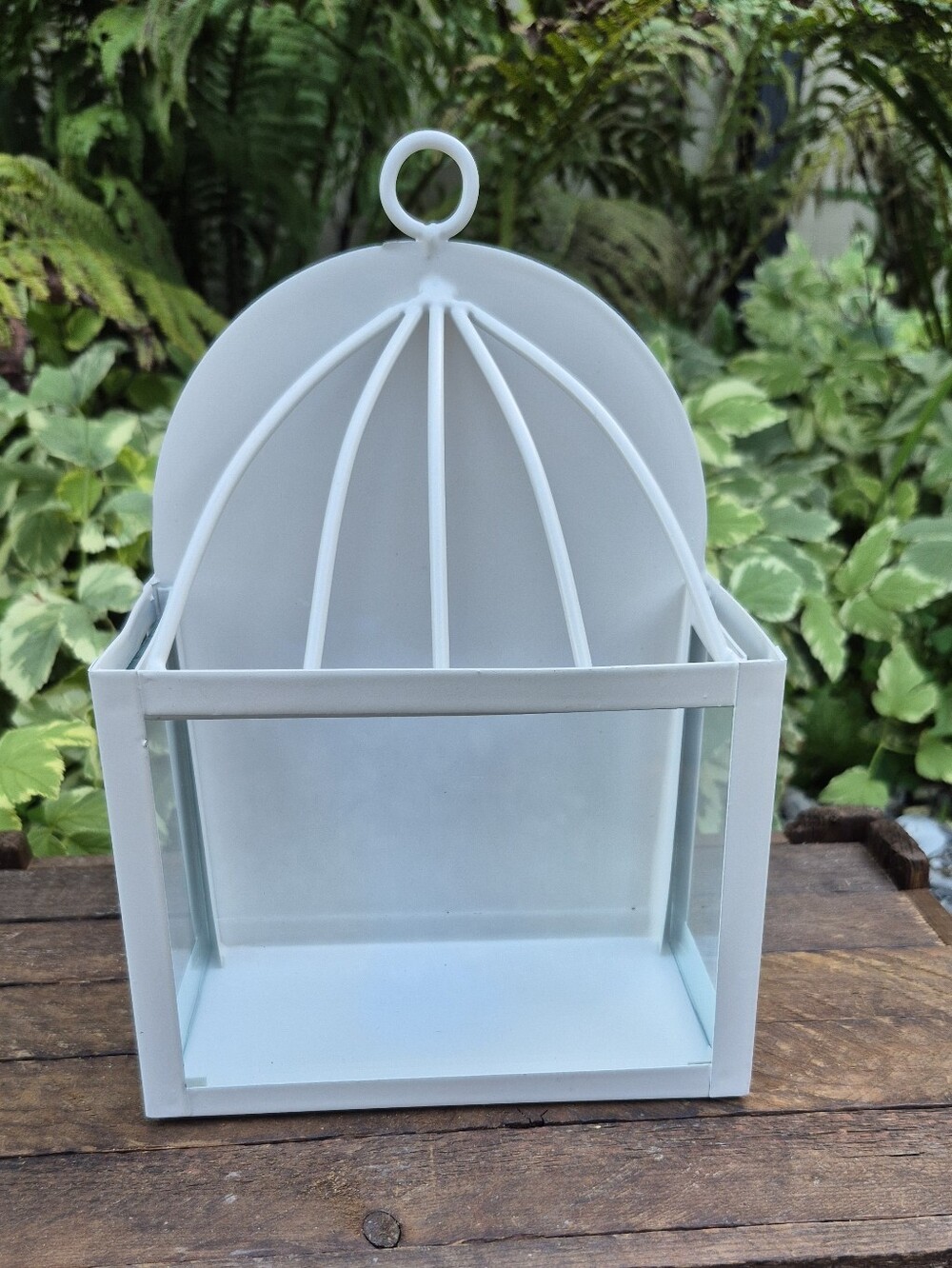 White Metal Wall Birdcage Lantern - Flat Back Hanging Candle Holder / Planter